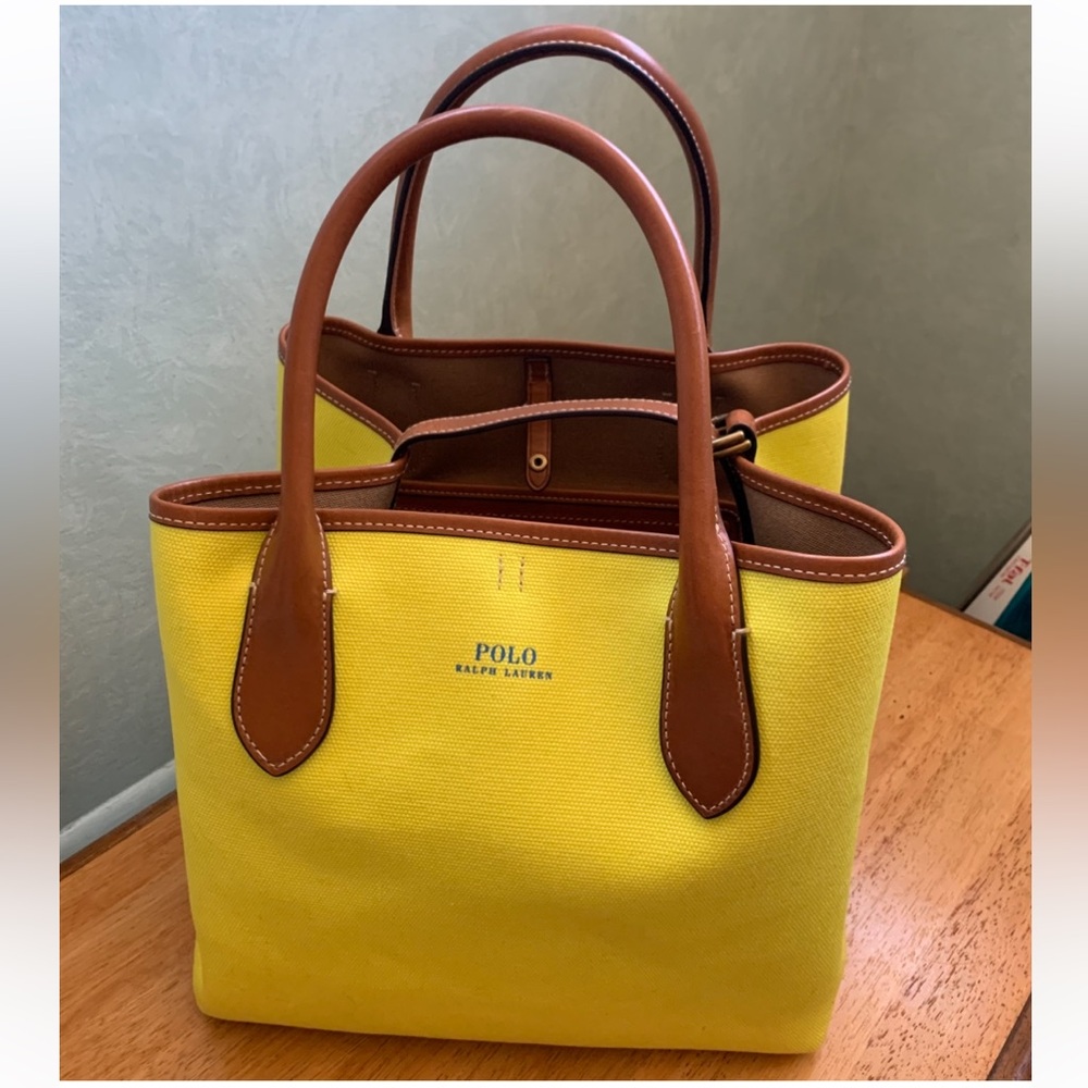 NWT Polo by Ralph Lauren Reversible Citron Yellow / Saddle Brown Tote Bag. - Picture 3 of 16